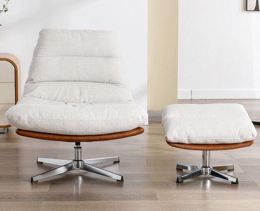 VESCASA Upholstered Swivel Accent Chair with Ottoman, Linen Reading Chair with Footrest, Comfy Lounge Chair Set with Foot Stool for Living Room/Bedroom/Indoor, Cream