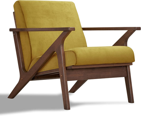 Zola Mid Century Modern Accent Chair Arm Chair, Living Room Furniture, Gold Velvet/Walnut