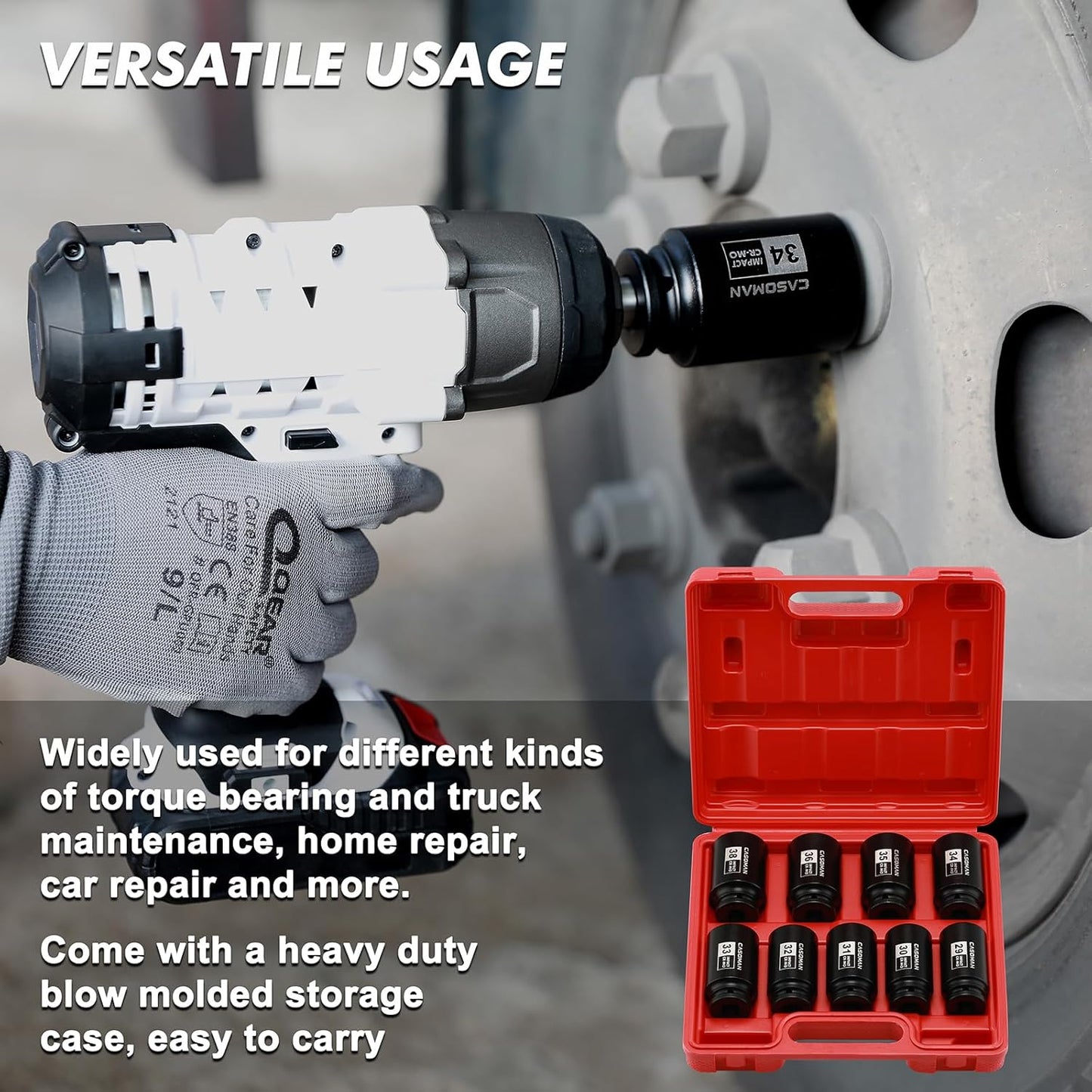 CASOMAN large socket set 1/2- Inch Drive Deep Spindle Axle Nut Impact Socket Set, 6 Point, CR-MO, Metric, 29mm-38mm, 9-Piece 1/2" Dr. Deep Impact Socket Set