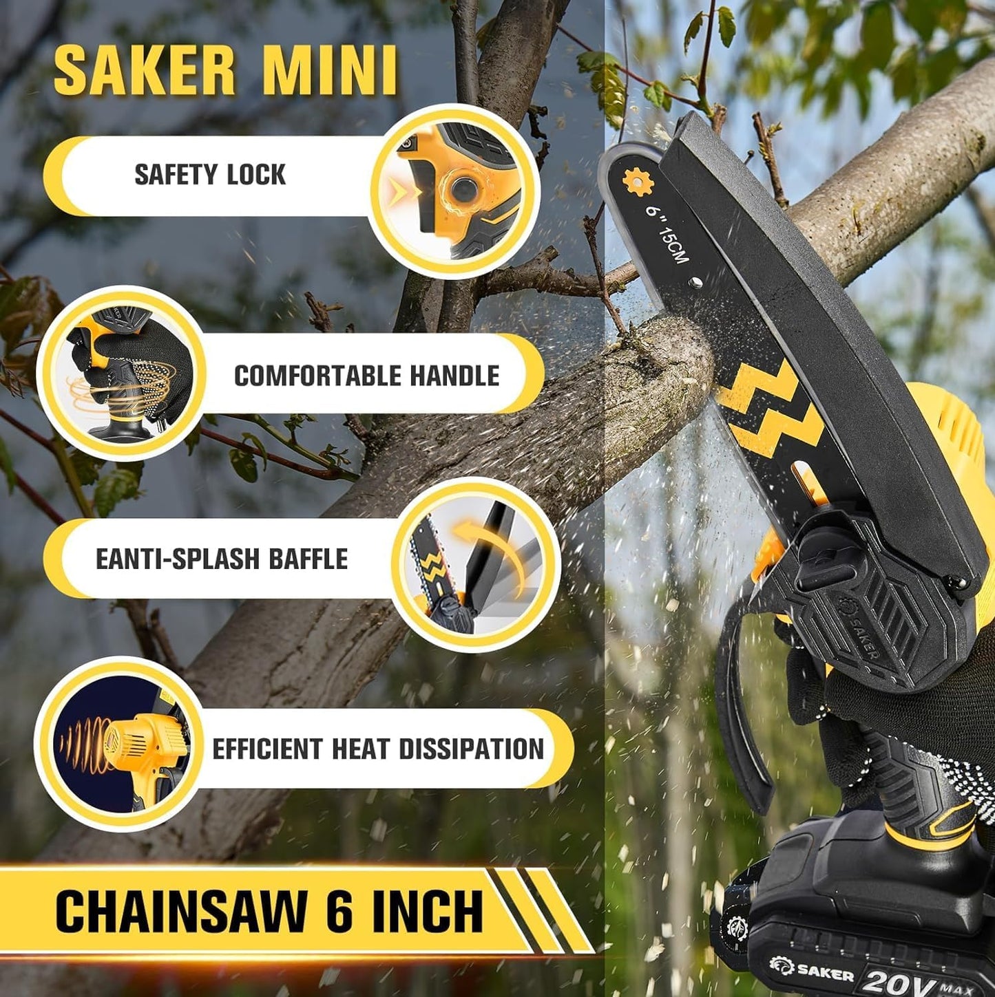 Saker Mini Chainsaw Cordless 6-Inch-Switch Security Lock-Cordless Power Chain Saws-Handheld Small Chainsaw for Cutting Wood Trimming and Woodworking- Mini Chain Saw Cordless with 2 Batteries