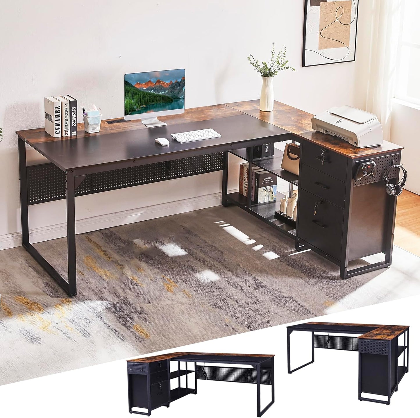 70 Inch Reversible L Shaped Desk with Power Outlet,Lockable Drawers,Adjustable File Cabinet & Storage Shelves,L Shaped Executive Desk with Pegboard,Large Corner Desk for Home Office