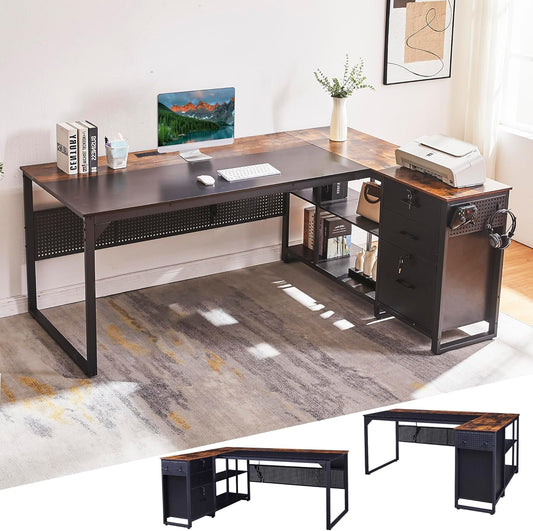 70 Inch Reversible L Shaped Desk with Power Outlet,Lockable Drawers,Adjustable File Cabinet & Storage Shelves,L Shaped Executive Desk with Pegboard,Large Corner Desk for Home Office