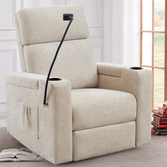 ABCASA Power Recliner Rocking Chair Nursery Glider, Swivel Reclining Nursery Rockers for Baby Room & Living Room, Chenille Chair with Phone Holder, USB/Type-C Ports, Arm Storage, Light Brown