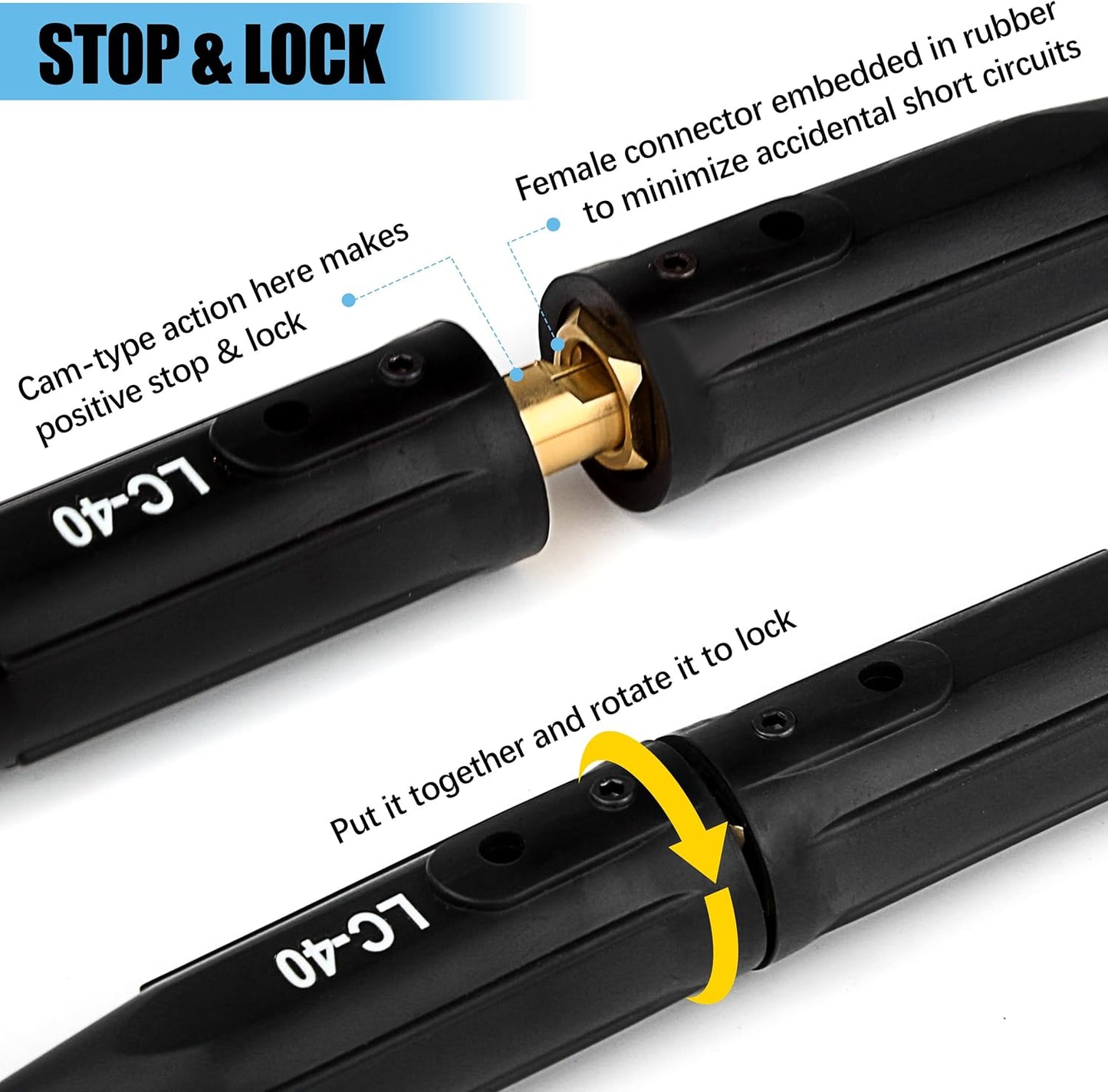 Welding Lead Connectors, 3 Pack LC-40 Welding Cable Connector, Positive Cam Twist-Lock Insulated Connector Pair(Male/Female), Welder Lead Connectors, Welder Cable Connectors, Welding Lead Ends