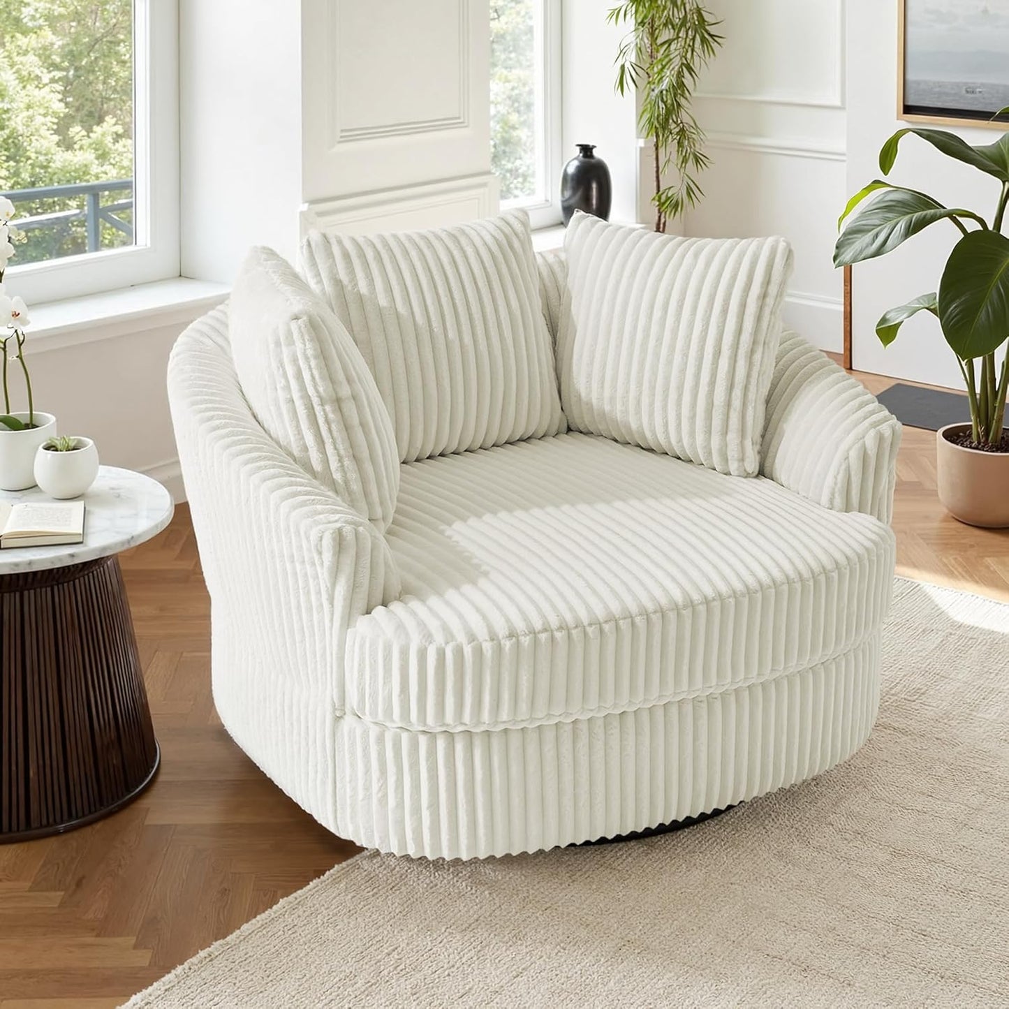 UIXE 43" W Oversized Swivel Accent Chair, Faux Fur Round Barrel Chair Comfy Upholstered Armchair for Living Room, Chaise Lounge Indoor Single Sofa Reading Seat - Dark Camel