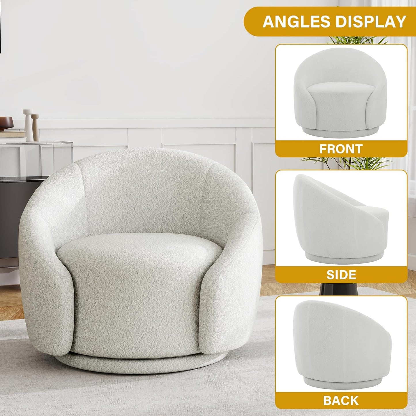 UIXE Swivel Accent Chair, Boucle Barrel Chair Upholstered Arm Chair for Living Room, Modern Round Club Chair with Turntable Base - White, Set of 1