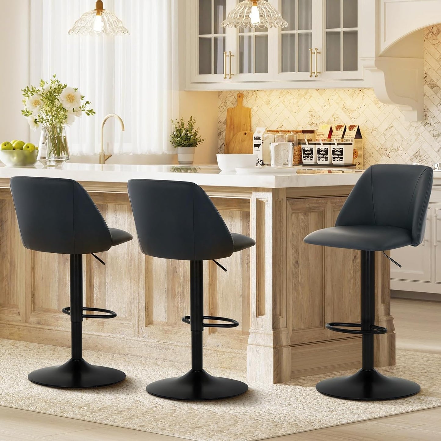 COLAMY Bar Stools Set of 3, Modern Swivel Bar Chairs, Adjustable Upholstered Barstools Counter Height with Full Backrest for Bar, Dining Room, Kitchen Island, Beige