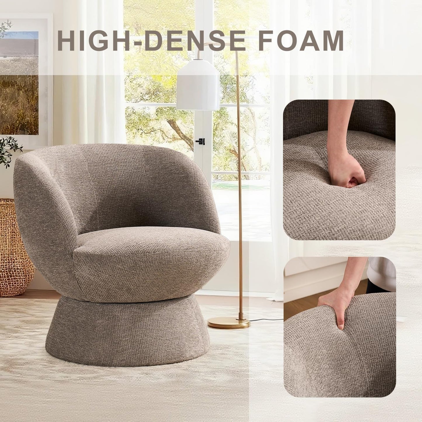 360° Swivel Accent Chair, Upholstered Modern Lounge Sofa with Curved Hemming Arms, Barrel Vanity Chair for Living Room Bedroom and Dressing Room (Gray)