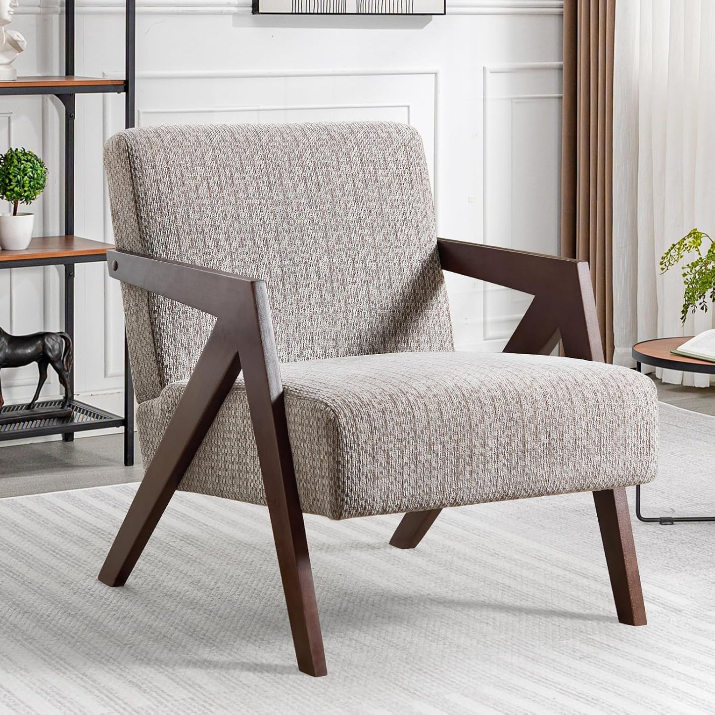 Bonzy Home Mid-Century Modern Accent Chair Set of 2 with Solid Wood Frame, Upholstered Armchair for Bedroom & Living Room,Reading Side Chair with Soft Lien Fabric Cushion,Easy Assembly,Beige