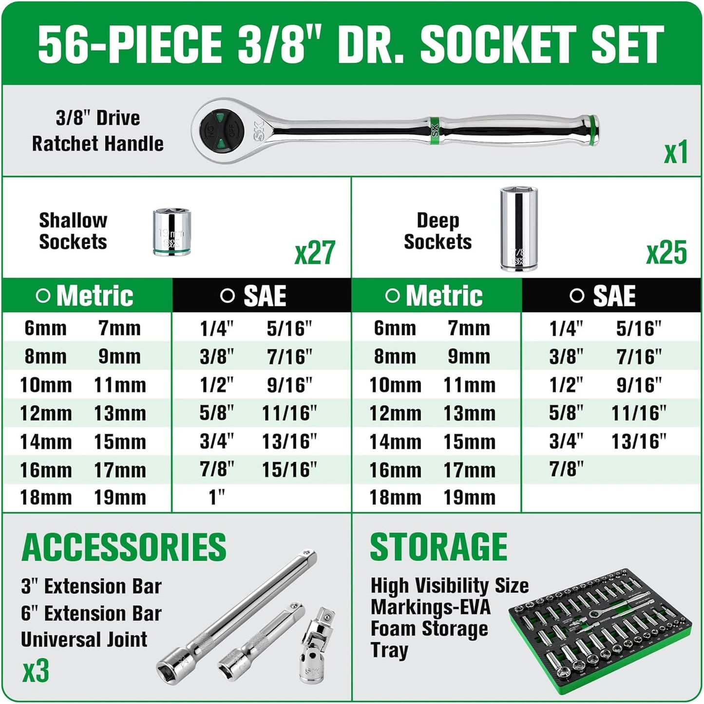 SK 3/8" Drive Socket Set with 160-P Ratchet, 56-Piece, SAE & Metric, SuperKrome Finish, Premium CR-V Construction, with EVA Foam Tool Organizer