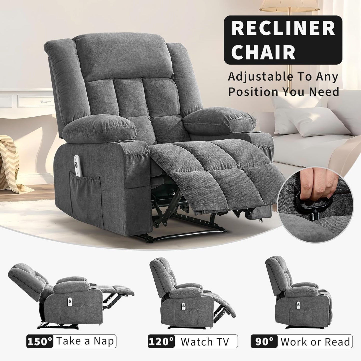 Wide Manual Recliner Chair for Adults – Widen Oversize Overstuffed Breathable Fabric Lounge Chair with 3 Angle Modes 2 Cup Holders Side Pockets