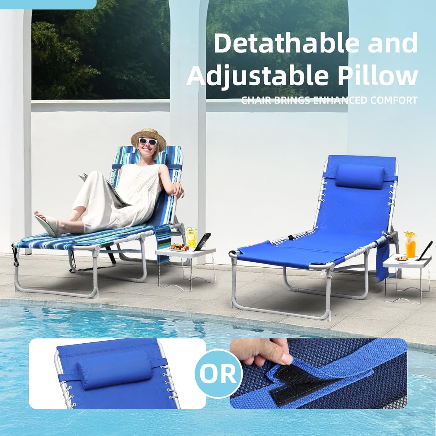3-in-1 Sun Tanning Chair with Face Holes, Breathable Chaise Lounge Chair Outdoor, 5-Position Recliner, Lay Flat, Folding Side Table, Removable Pillow, Max 330lbs, Beach, Patio, Camping, Blue