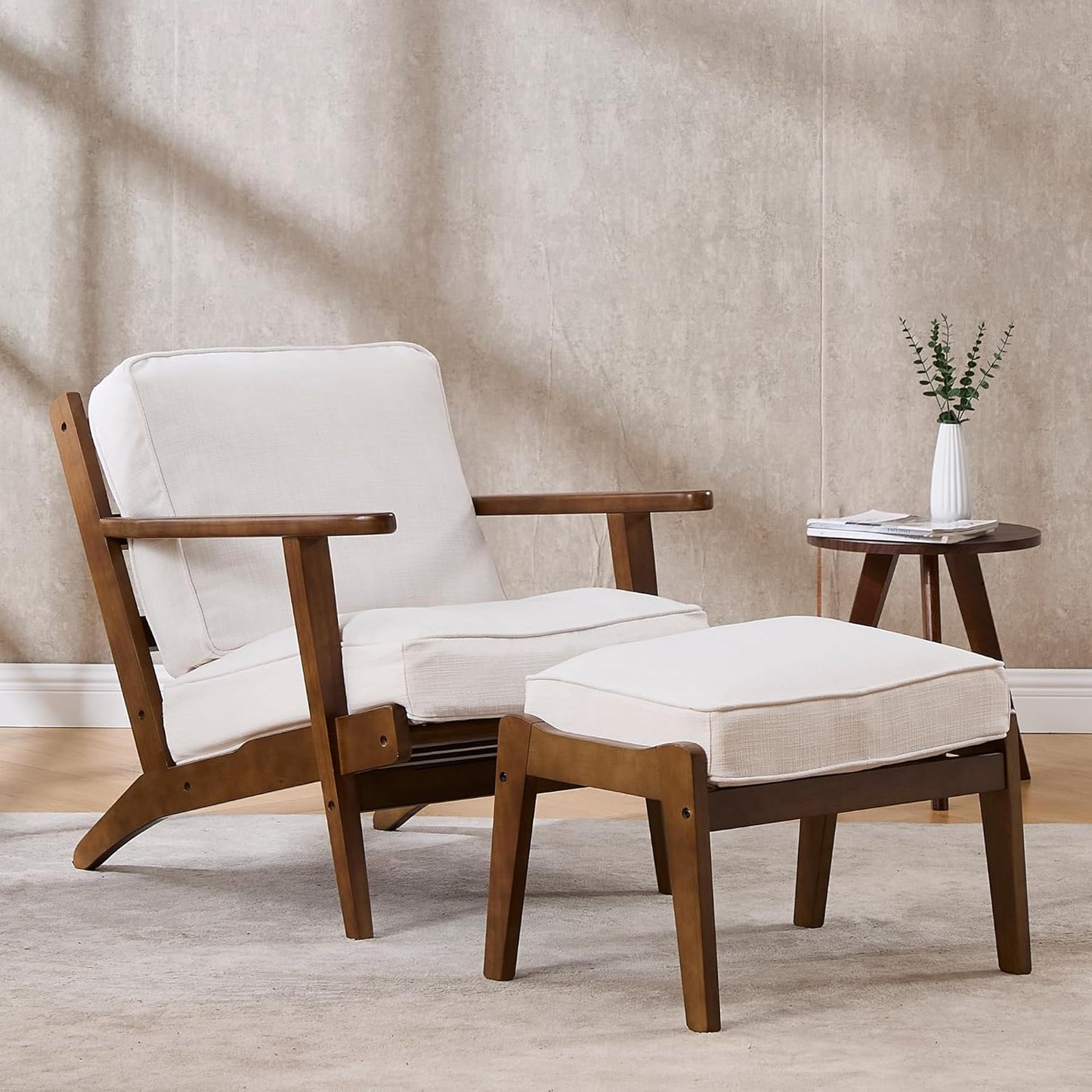 Comfy Accent Chair with Ottoman, PU Faux Leather Living Room Reading Chair Armchair, Upholstered Side Chair Mid Century Modern Sofa Lounge Chair for Bedroom/Guest Room, Brown