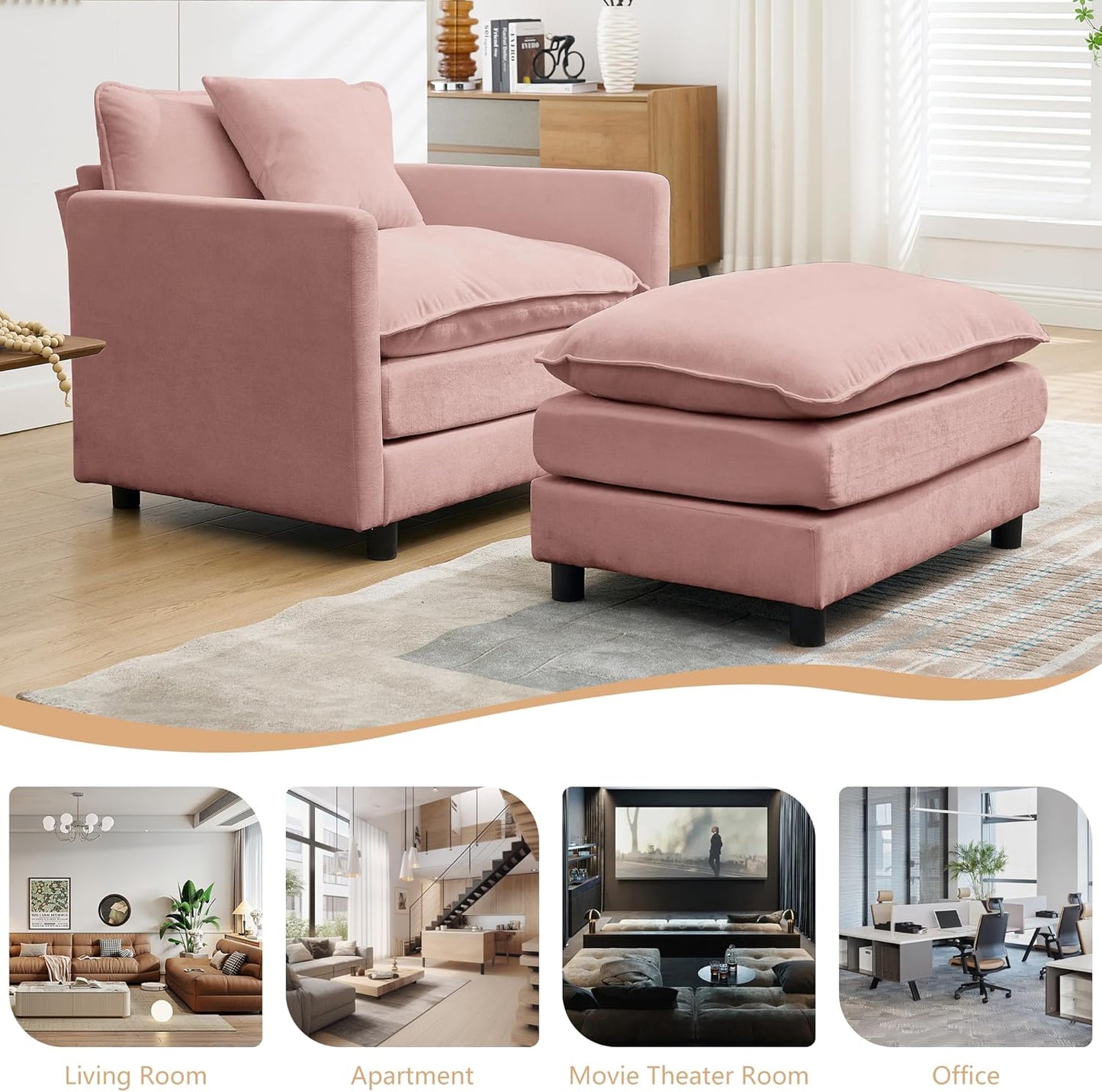 Chair Recliner Indoor with Ottoman, 40 “w Oversized Sleeper, D Corduroy Upholstered Comfort Sofa for Bedroom, Living Room, Office (1, Pink)