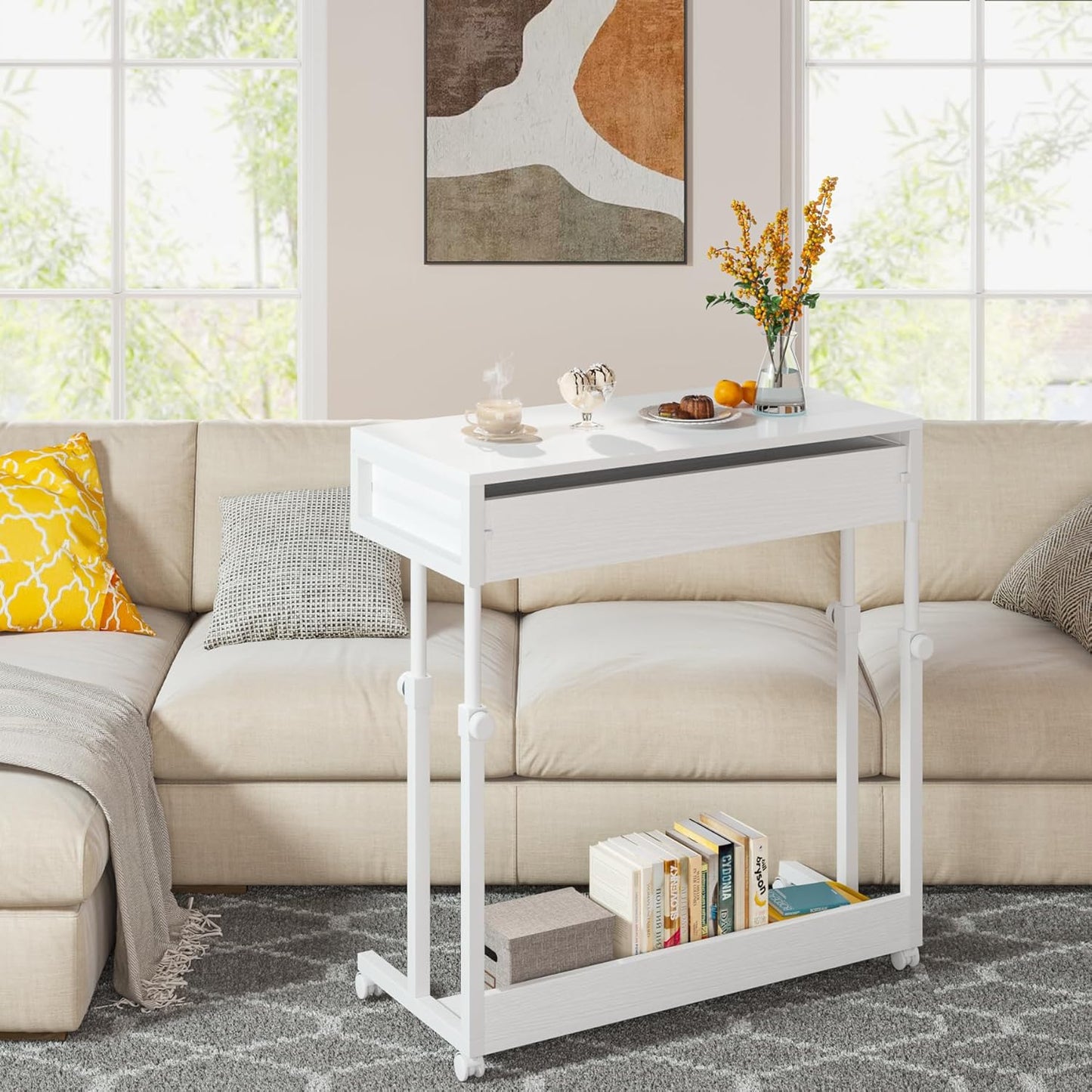 Tribesigns Portable Desk with Drawers, Mobile Laptop Desk with Wheels, Sofa Side Table Bed Desks, Small Standing Desk for Home Office (White)