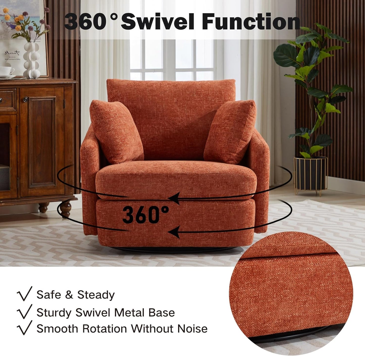 Chifee & Vingol 40.6" Oversized Swivel Accent Chair,Chenille,Orange