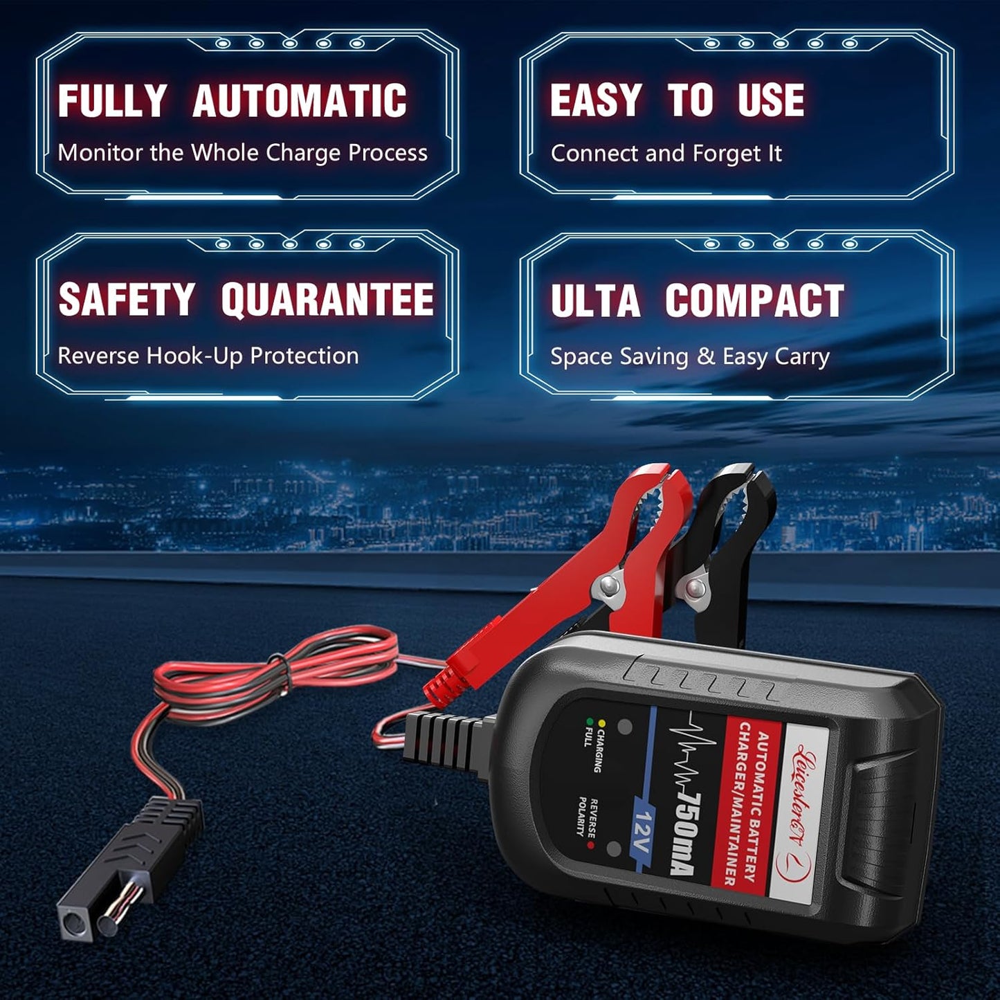 [4-Pack] LEICESTERCN Automatic Trickle Battery Charger Maintainer 12V 750mA Smart Float Charger for Car Motorcycle Lawn Mower Tractor Boat SLA ATV Wet AGM Gel Cell Lead Acid Batteries