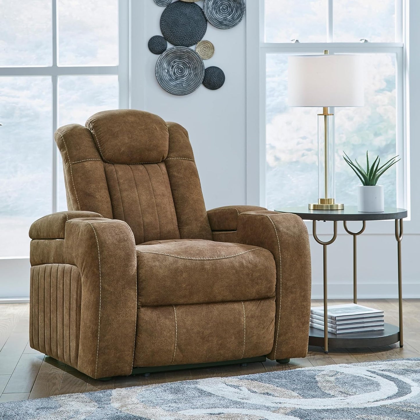 Signature Design by Ashley Wolfridge Contemporary Faux Leather Upholstered Power Recliner with Adjustable Headrest, USB Ports and 2 Cup Holders, Dark Brown