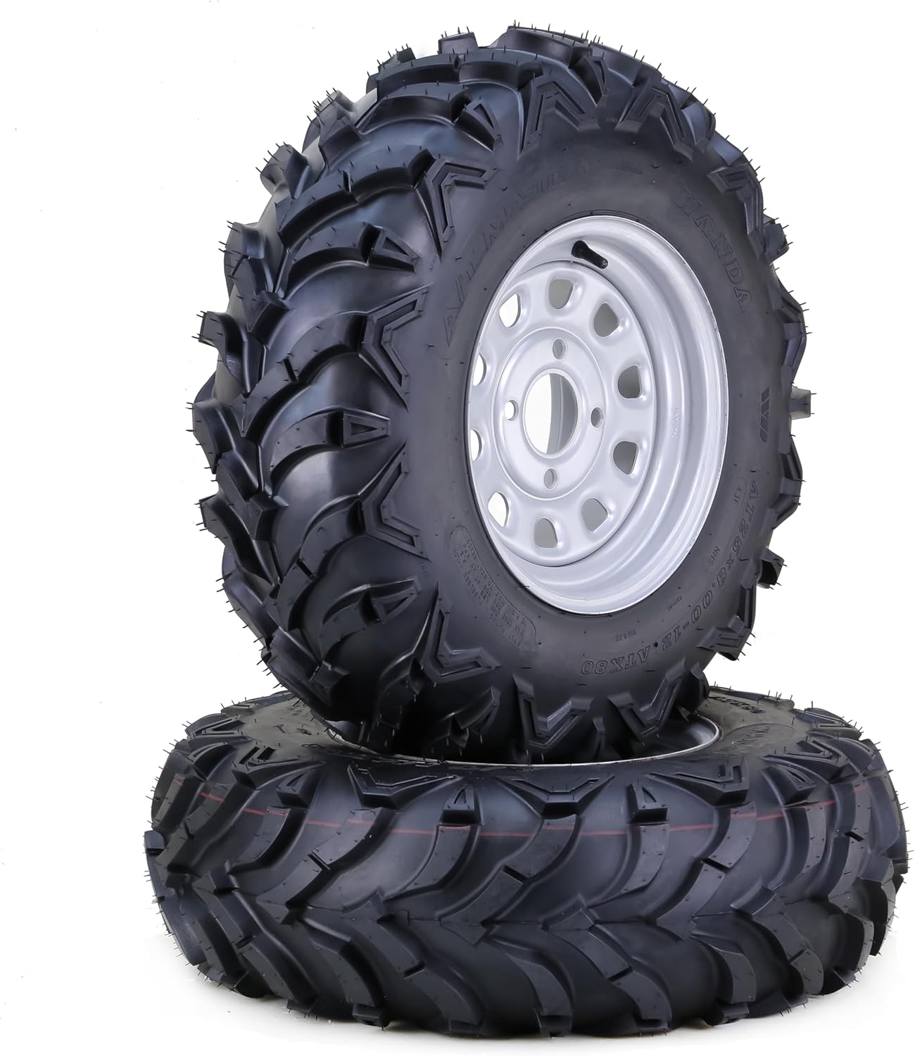 WANDA 25x8-12 Solid Mud ATV Tires and Wheels Assembly with 4-110 PCD 5+2 Silver Rims, SET 2
