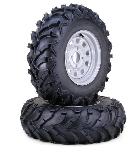 WANDA 25x8-12 Solid Mud ATV Tires and Wheels Assembly with 4-110 PCD 5+2 Silver Rims, SET 2