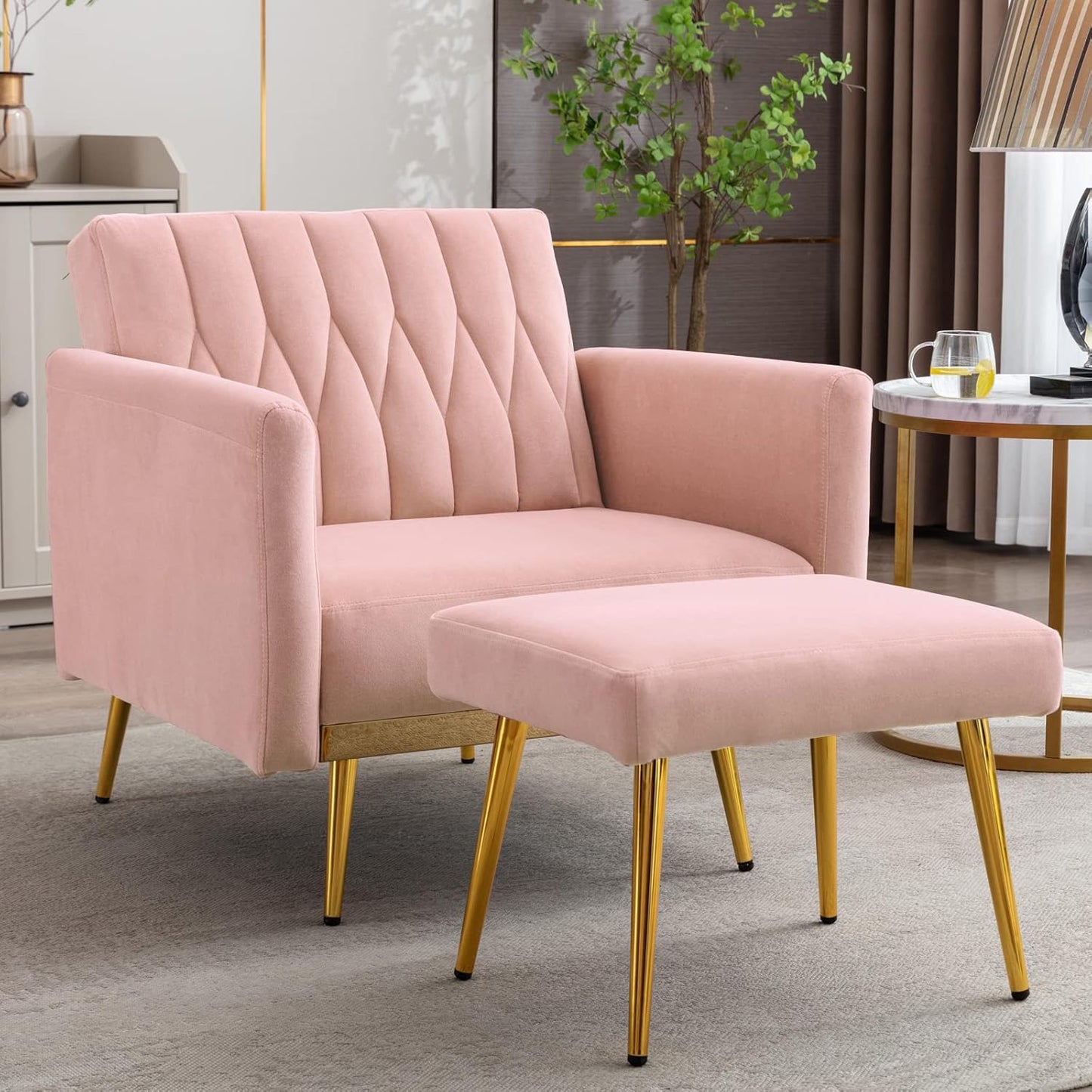 Velvet Accent Chair with Ottoman Modern Upholstered Tufted Armchair, Comfy Single Sofa Chair with Golden Metal Legs and Adjustable Arms for Living Room Bedroom Reading Room Office Pink
