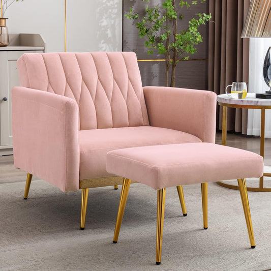 Velvet Accent Chair with Ottoman Modern Upholstered Tufted Armchair, Comfy Single Sofa Chair with Golden Metal Legs and Adjustable Arms for Living Room Bedroom Reading Room Office Pink
