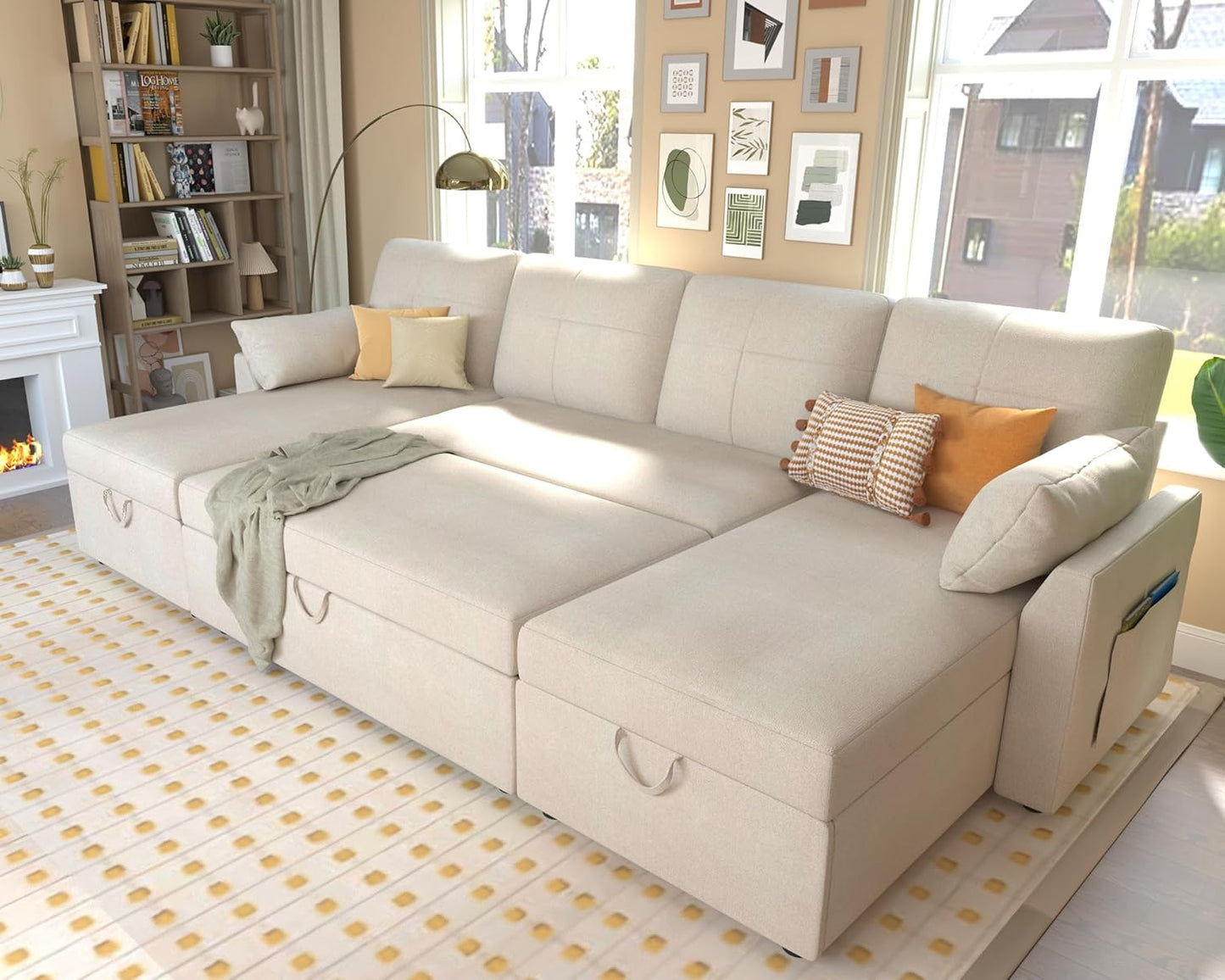 VanAcc Sofa Bed, Sleeper Sofa- 2 in 1 Pull Out Couch Bed with Storage Chaise for Living Room, White Sherpa 84in x 59in x 39in