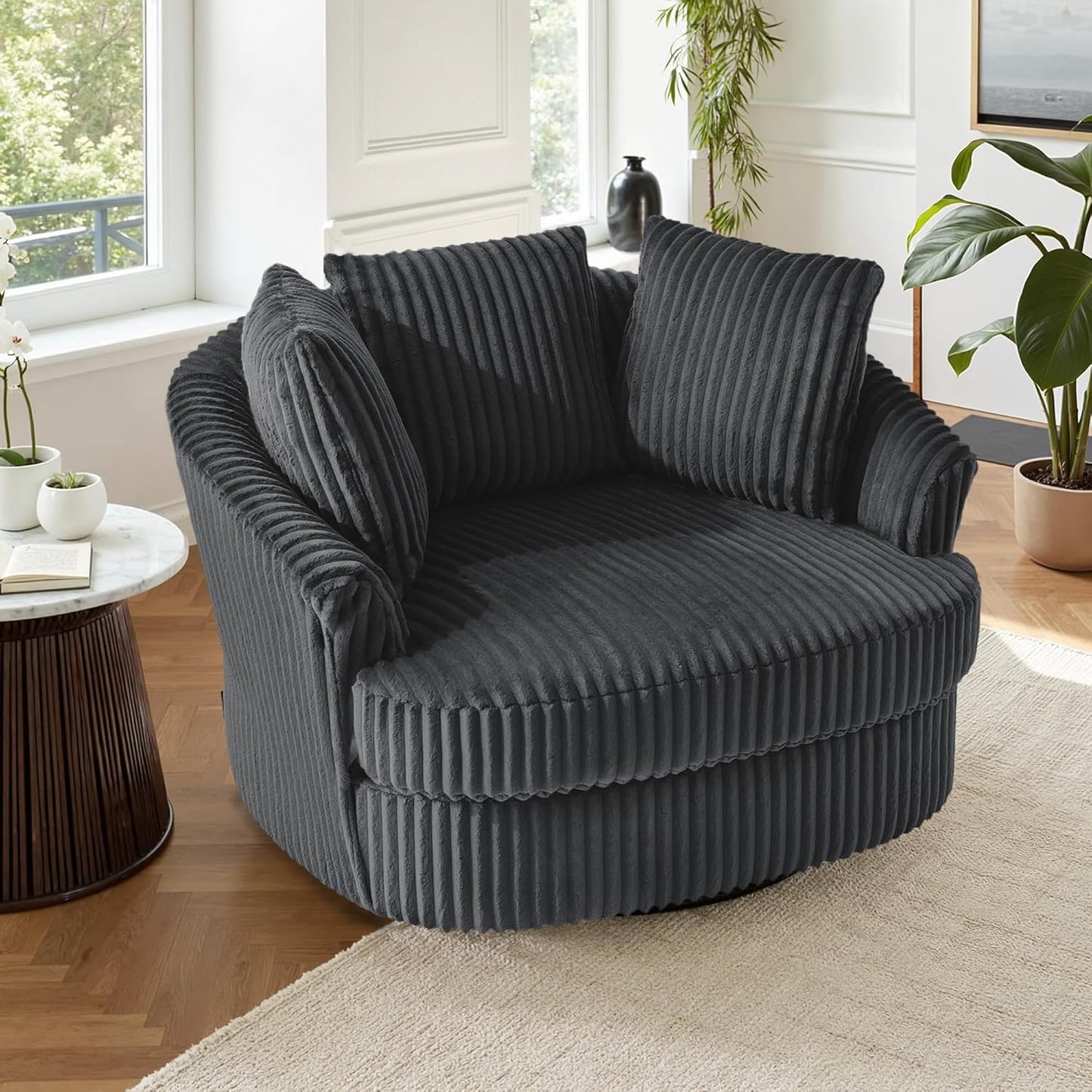 UIXE 43" W Oversized Swivel Accent Chair, Faux Fur Round Barrel Chair Comfy Upholstered Armchair for Living Room, Chaise Lounge Indoor Single Sofa Reading Seat - Dark Camel