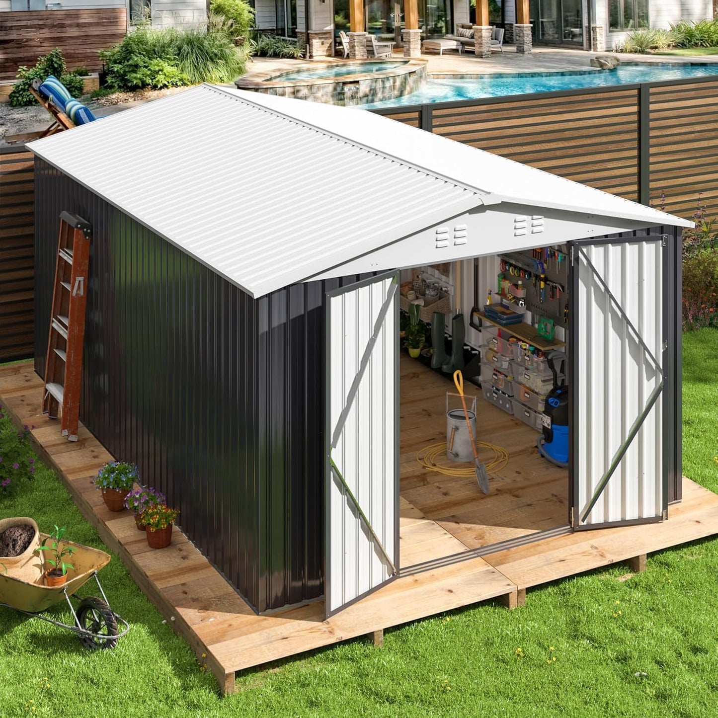 10x10 FT Outdoor Storage Shed, Garden Shed with Updated Frame Structure and Lockable Doors, Metal Tool Sheds for Backyard Garden Patio Lawn, Grey
