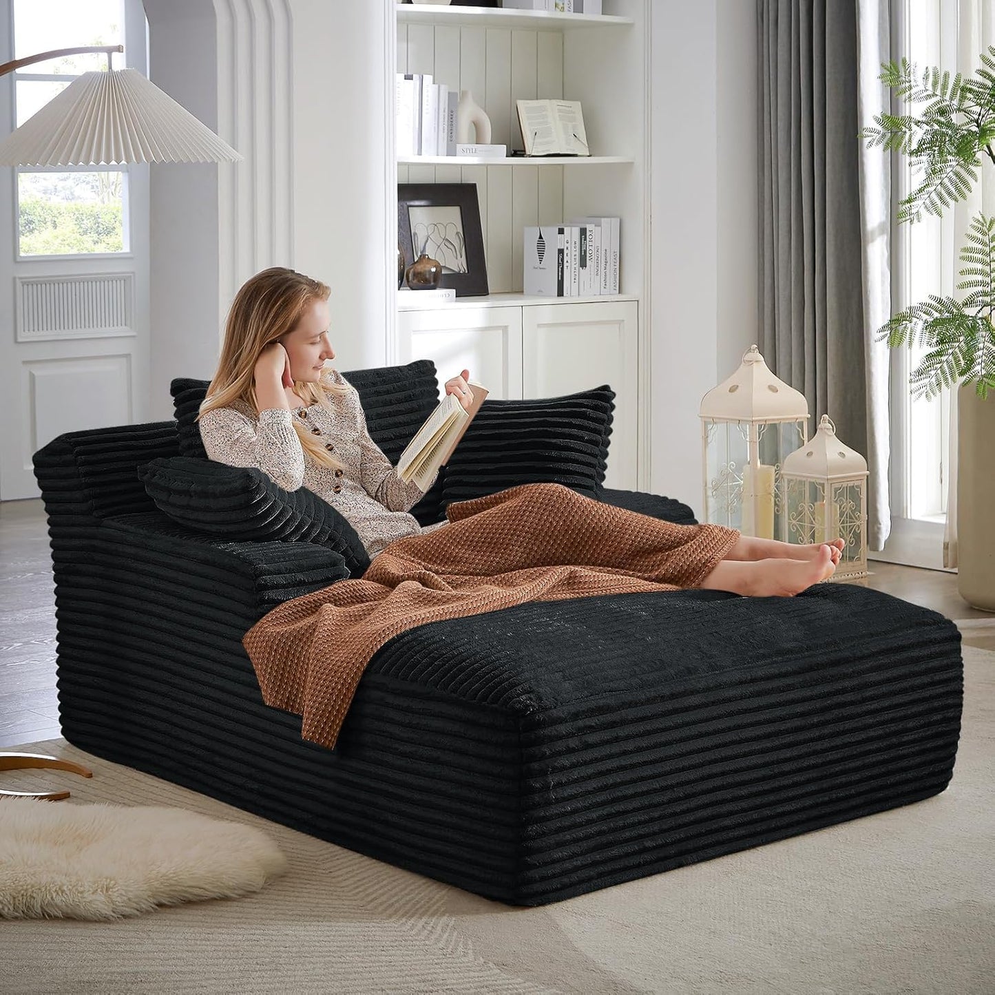 50" W Oversized Boneless Chaise Lounge Sofa Chair Indoor, Corduroy Plush Reading Cloud Couch, No Assembly Single Floor Sleeper Chair Bed for Living Room Apartment Office Small Spaces