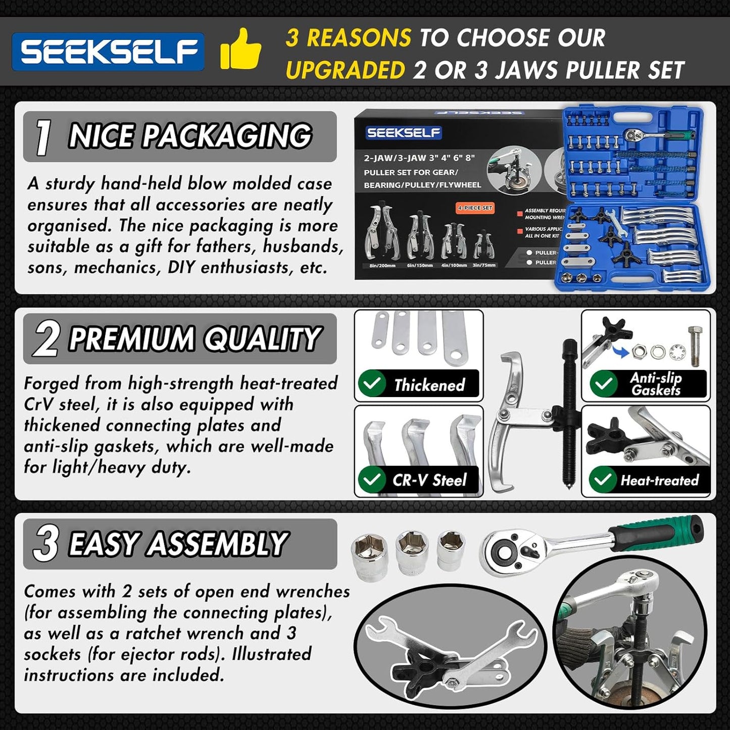 3" 4" 6" 8" Gear Puller Set, 2-Jaw/3-Jaw Bearing Puller Kit with Ratchet Wrench, Heavy Duty Pulling Tool, Reversible Jaw for Internal External Flywheel Gear Pulley Bearing Rotor Removal