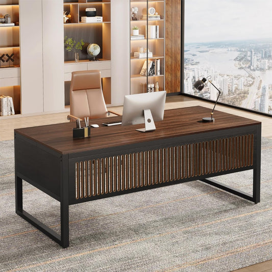 Tribesigns 63-Inch Executive Desk, Modern Home Office Desk for Workstation, Computer Desk with Sturdy Legs for Home Office (Dark Walnut & Black, Only Table)
