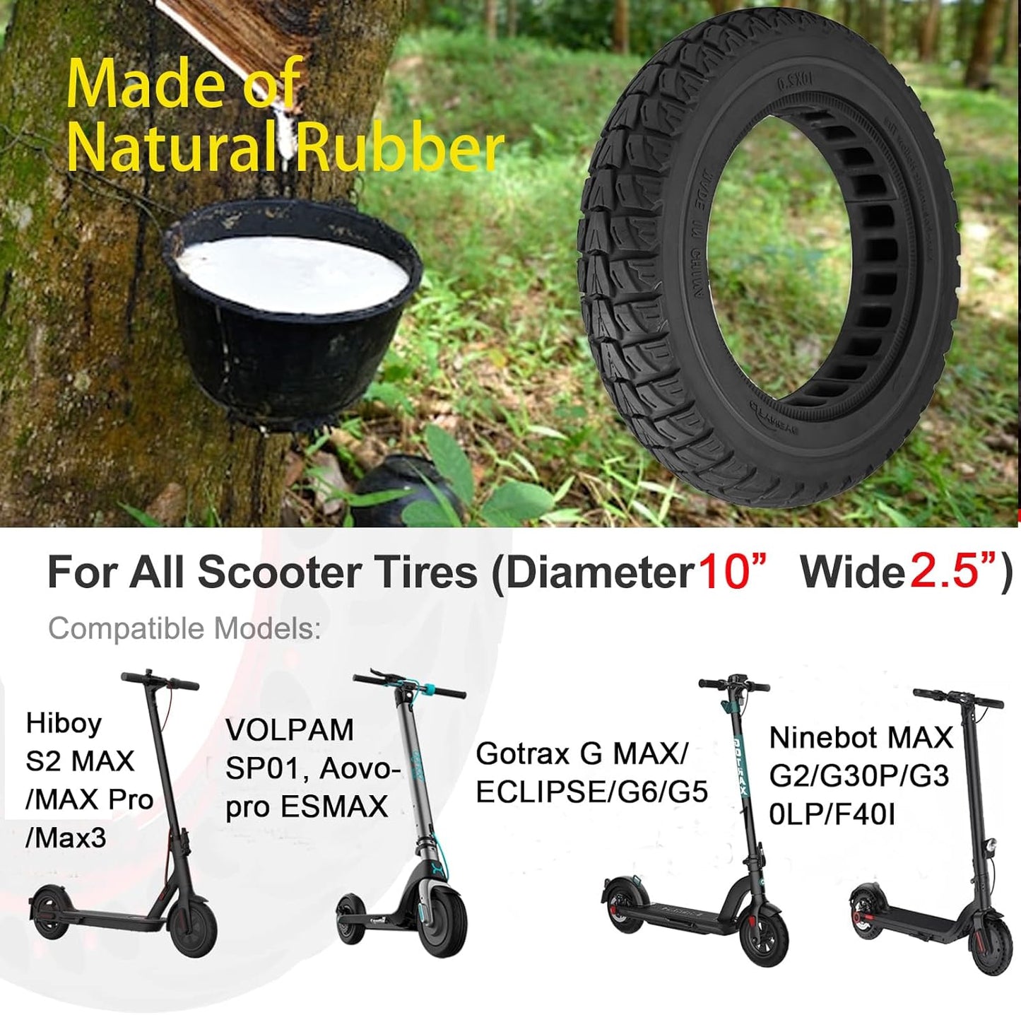 2PCS 10x2.5 Inch Solid Tires, 60/70-6.5 Tire Replacement for Segway Ninebot Max G30 G30P G30LP Max G2 /Hiboy S2 MAX Electric Scooter, 10x2.50-6.5 10 Inch Off Road Front RearTubeless Tire Wheel
