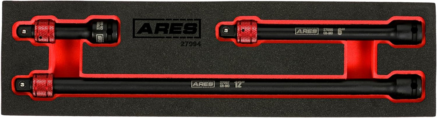ARES 27094 – 3-Piece 3/8-Inch Drive Locking Impact Socket Extension Set – Aluminum Locking Ring Collar for Quick Release of Sockets and Accessories – 3-Inch, 6-Inch, and 12-Inch Extensions