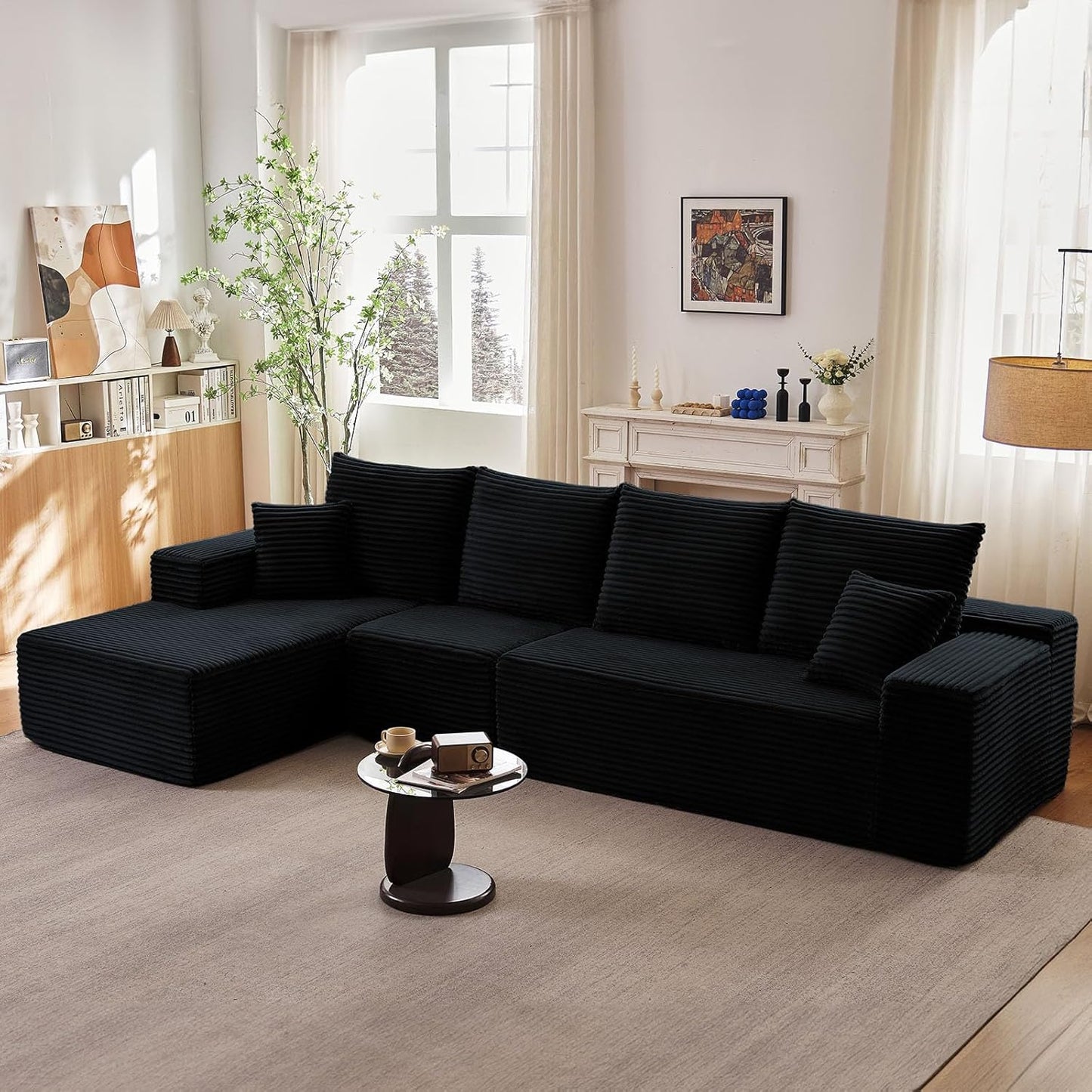 107" Modular Sectional Couches for Living Room, Comfy Boneless L Shaped Cloud Couch with Chaise Lounge, Modern Cozy Corduroy Deep Seat Floor Sofa, Memory Foam, No Assembly Required, Black