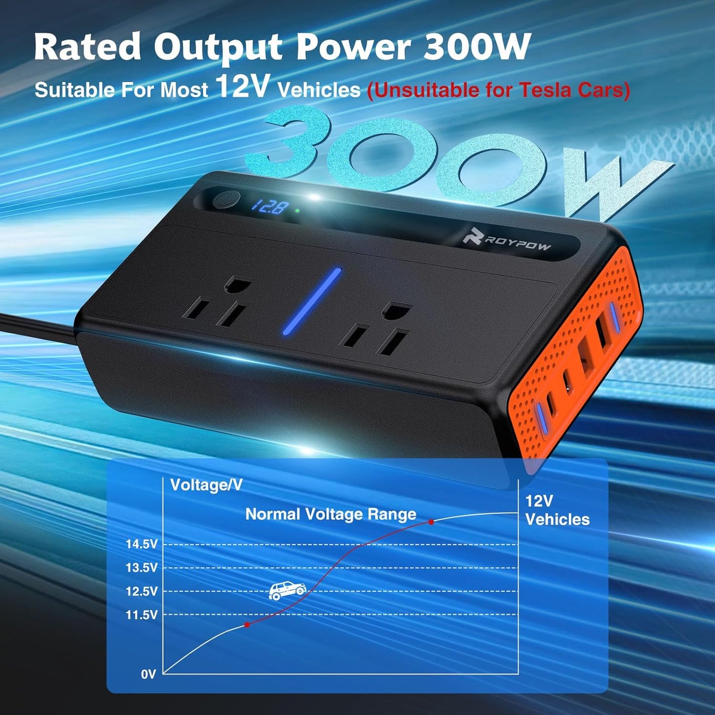 RoyPow 300W Car Power Inverter, DC 12V to 110V AC Power Inverter with Cigarette Lighter Port, Car Plug Adapter Outlet with 3.4A USB-A, QC3.0 24W, PD 30W, PD 36W, Dual AC Outlets, Car Charger Adapter