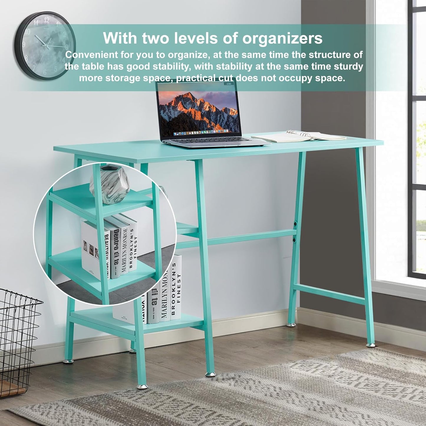 VECELO 43 Inch Computer Home Office Desks, Writing Desk Home Office with 2 Tier Storage Shelves，Adjustable Feet/Waterproof,Simple Workstation, Blue Desk