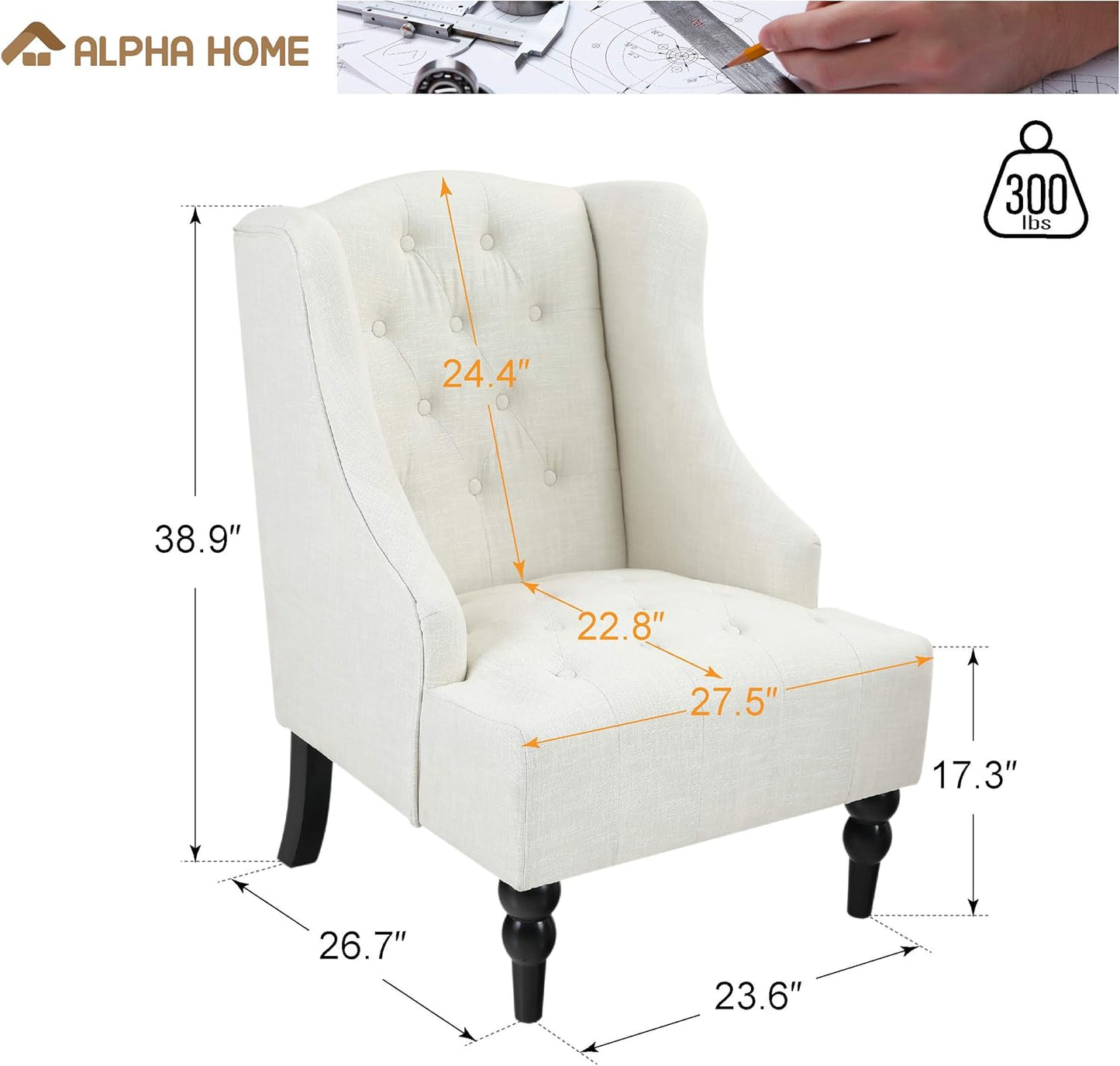 ALPHA HOME Accent Living Room Chair Wingback Armchair High Back Swoop Button-Tufted Club Reading Chair Mid-Century Retro Modern Home Theater Seating Linen Fabric Upholstered, Light Beige