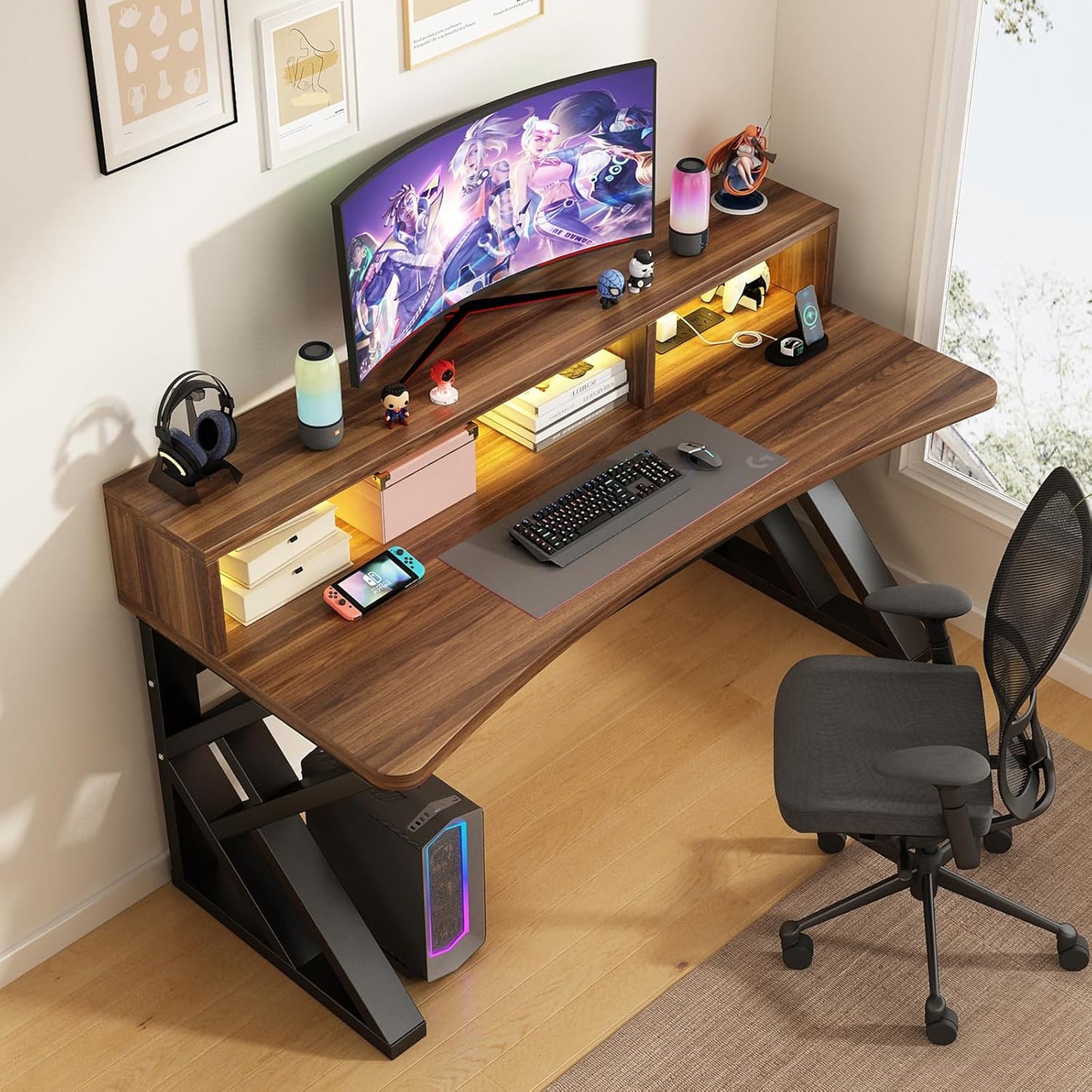 Writing Computer Desk 39.3 Inch, Gaming Desk with Desktop Monitor Stand, Ergonomic Home Office Desk Workstation, Modern Writing Study Desk with Built-in Power Strip (Walnut, 39.3")