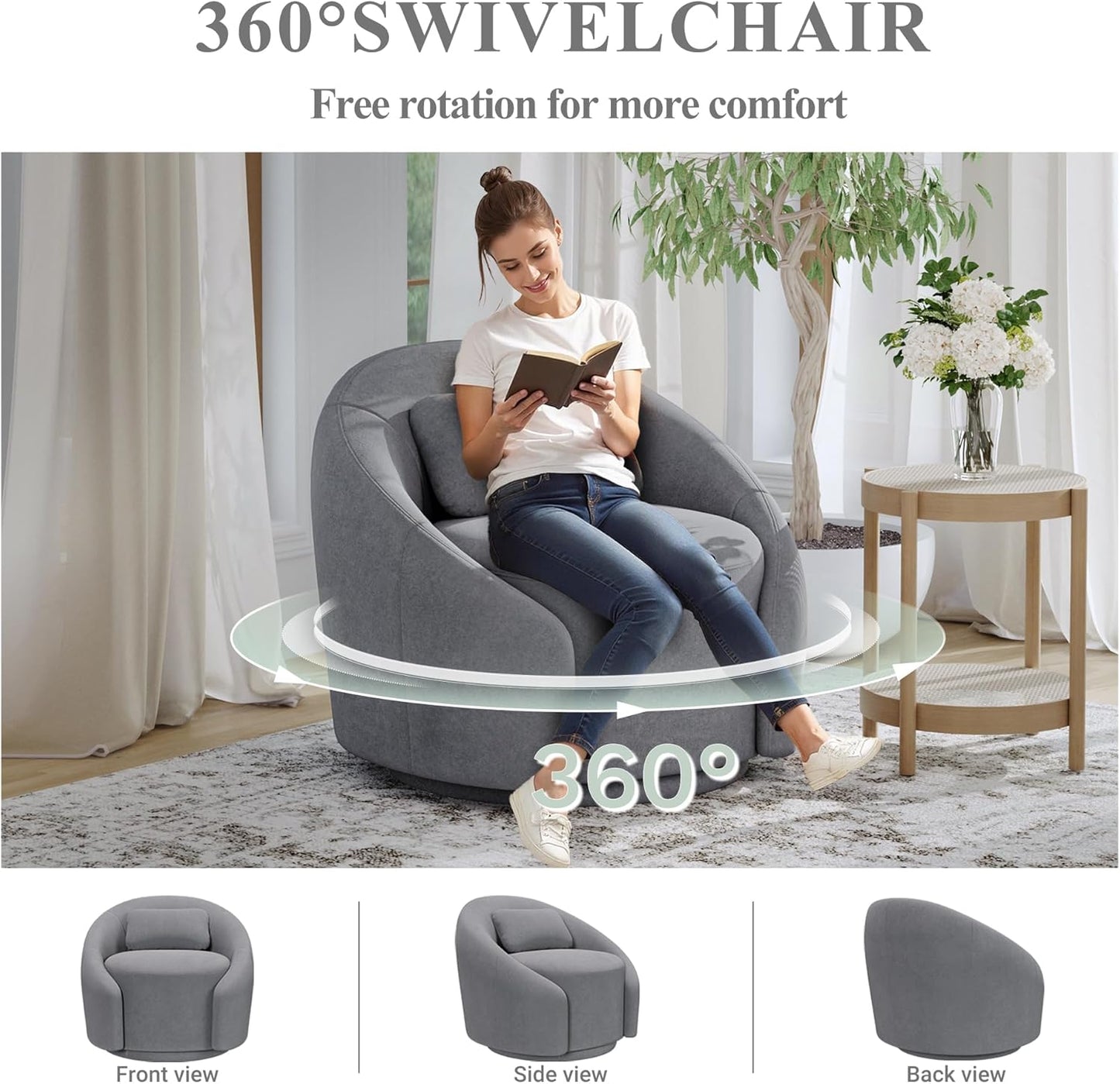 COLAMY 360°Swivel Accent Chairs, Mid-Century Modern Upholstered Chairs with Metal Base and Lumbar Pillow for Living Room, Bedroom, Home Office, 300 lbs Capacity,Grey