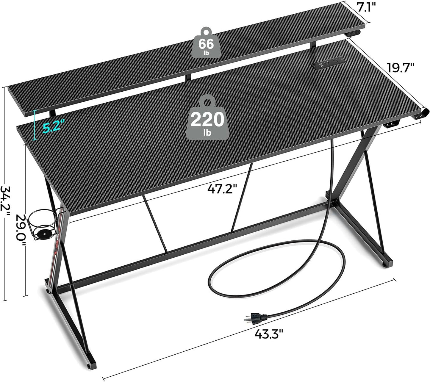 SEVEN WARRIOR Z Shaped Gaming Desk with LED Lights & Power Outlets, 47" Computer Desk with Monitor Shelf, Home Office Desk with Cup Holder and Headphone Hook, Ergonomic, Carbon Fiber Surface Black