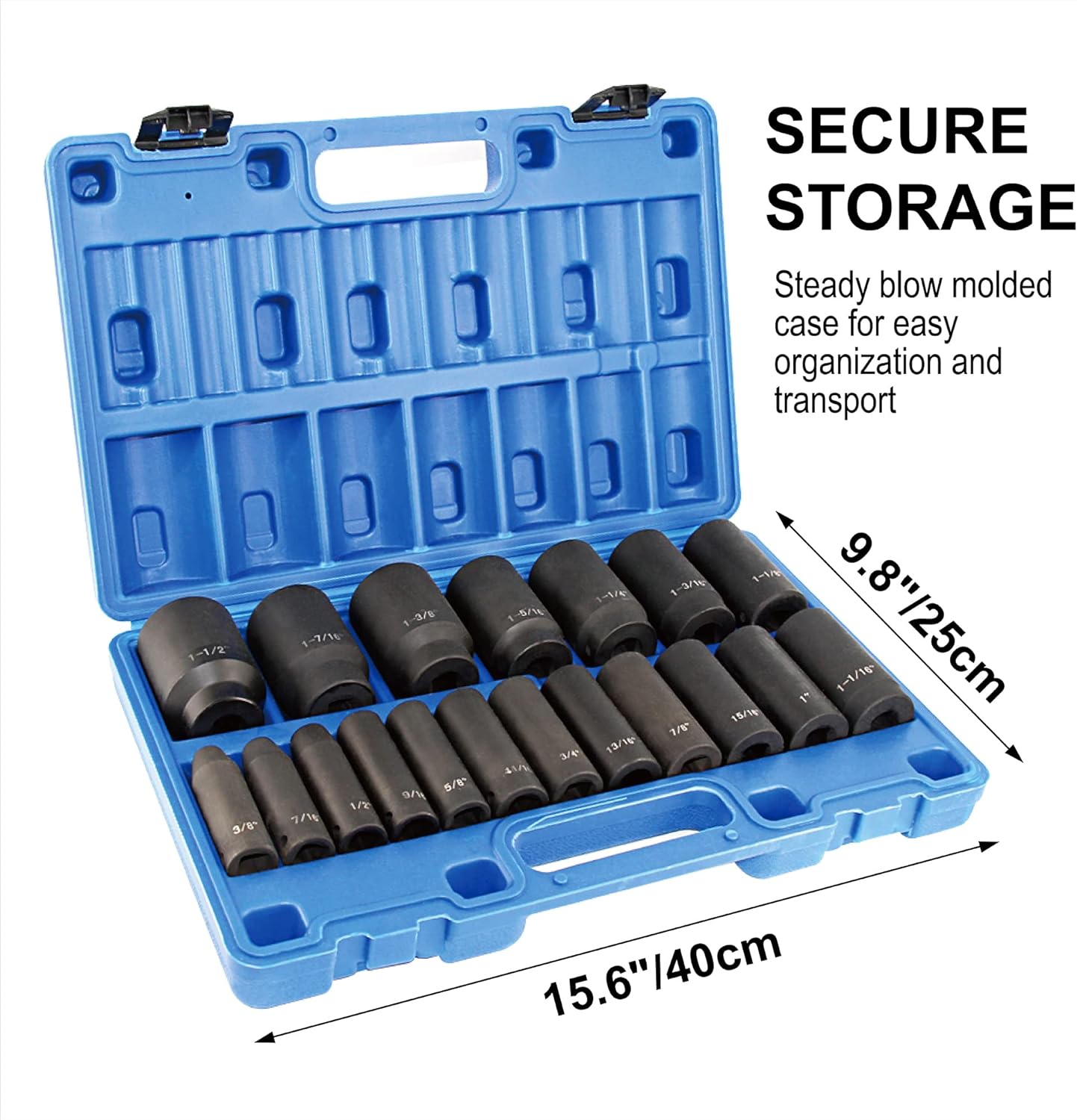 19pcs 1/2" Impact Socket Set, 6-Point Deep Socket, Cr-V Steel, 3/8 inch - 1-1/2 inch