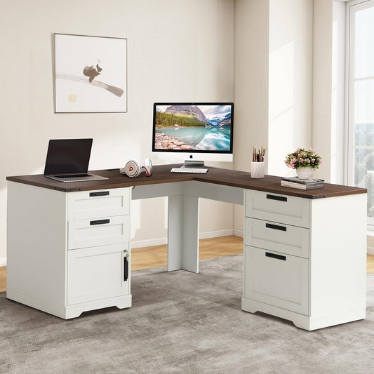 60" L Shaped Executive Desk with Drawers, Farmhouse Home Office Desk with Charging Station, Wood Computer Corner Desk with File Storage Cabinet for Home Office, Work and Study, White
