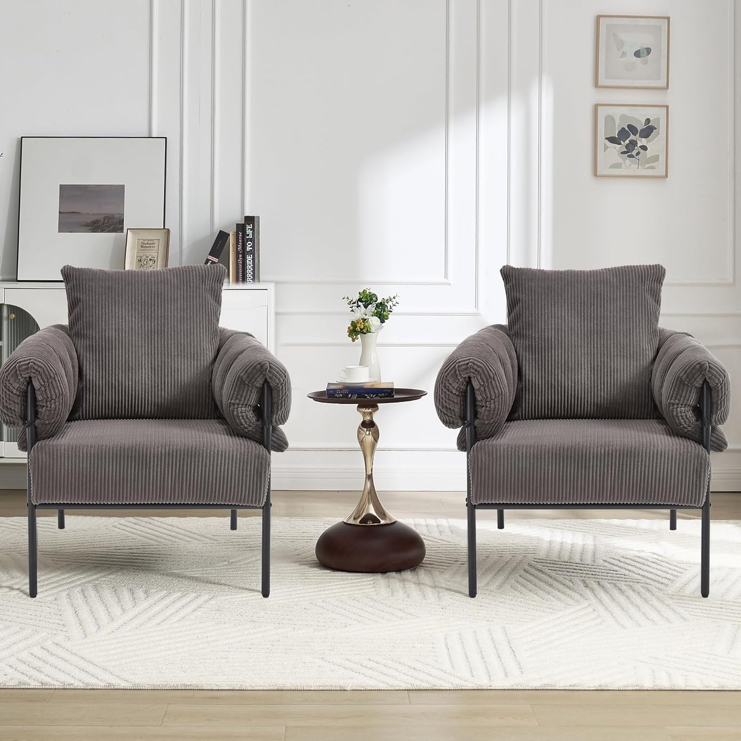 YISHENG Modern Velvet Accent Chair Set of 2 Upholstered Comfy Lounge Sofa Chair, Fabric Oversize Lazy Arm Chair with Soft Cushion, Metal Frame Reading Chair for Living Room, Balcony,Bedroom,Black
