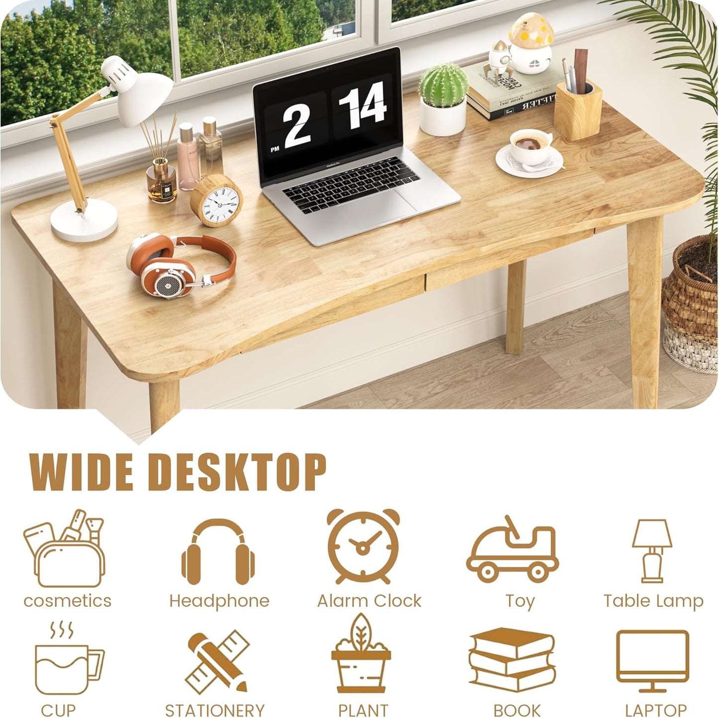100% Solid Wood Desk with Drawers - 48 x 24 Inch Home Office Computer Desks, Modern Writing Desk with Drawers, Simple Study Table Makeup Vanity - Natural Boho Desks