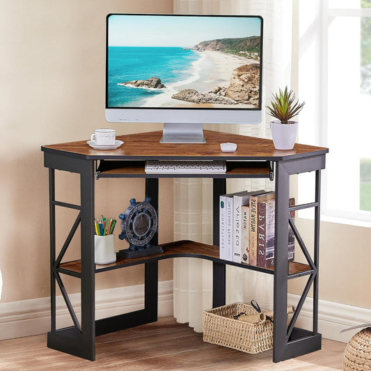 VECELO Corner Desk Computer Desk Writing Table with Smooth Keyboard Tray & Storage Shelves,Compact Home Office Triangle Table,Teak