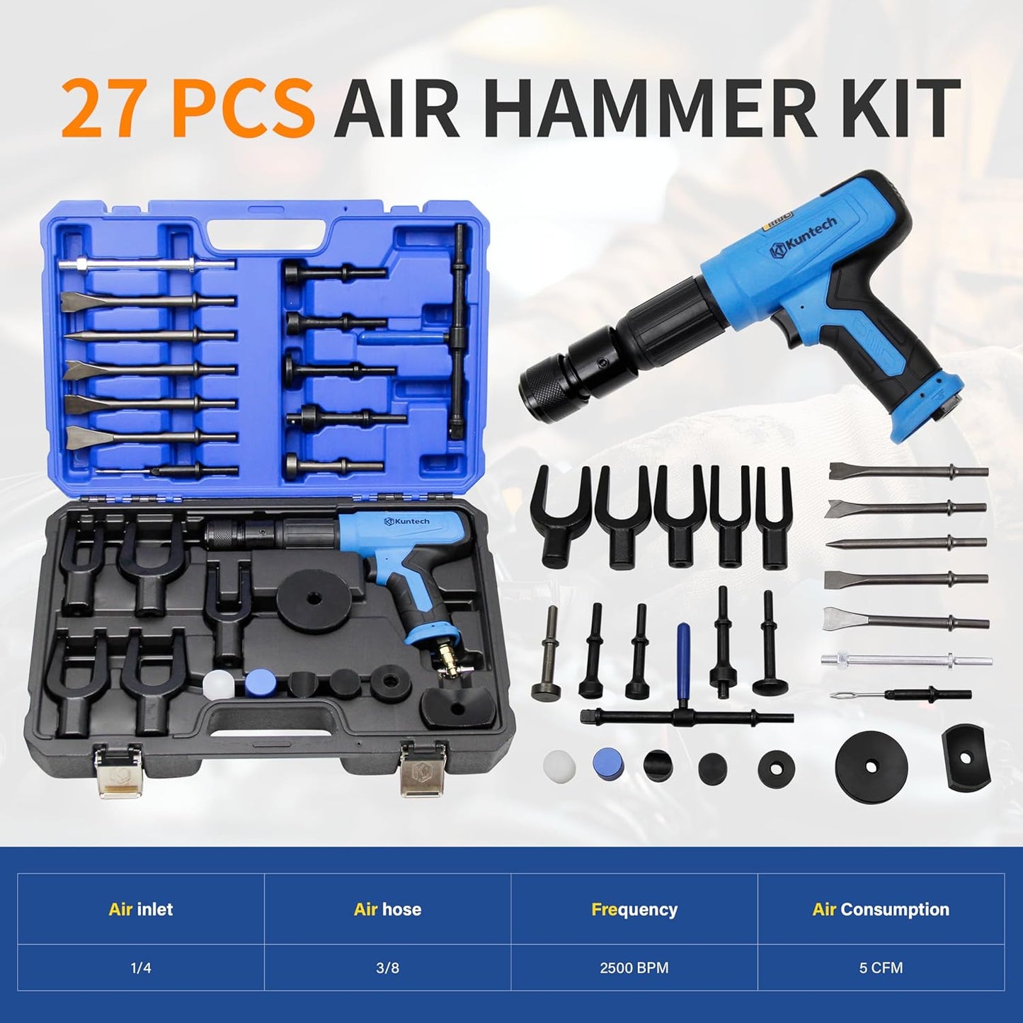 27PCS Air Hammer Kit, Pneumatic Hammers 2500 BPM, Air Hammer Piece Chisel Set with Carrying Case & Gloves