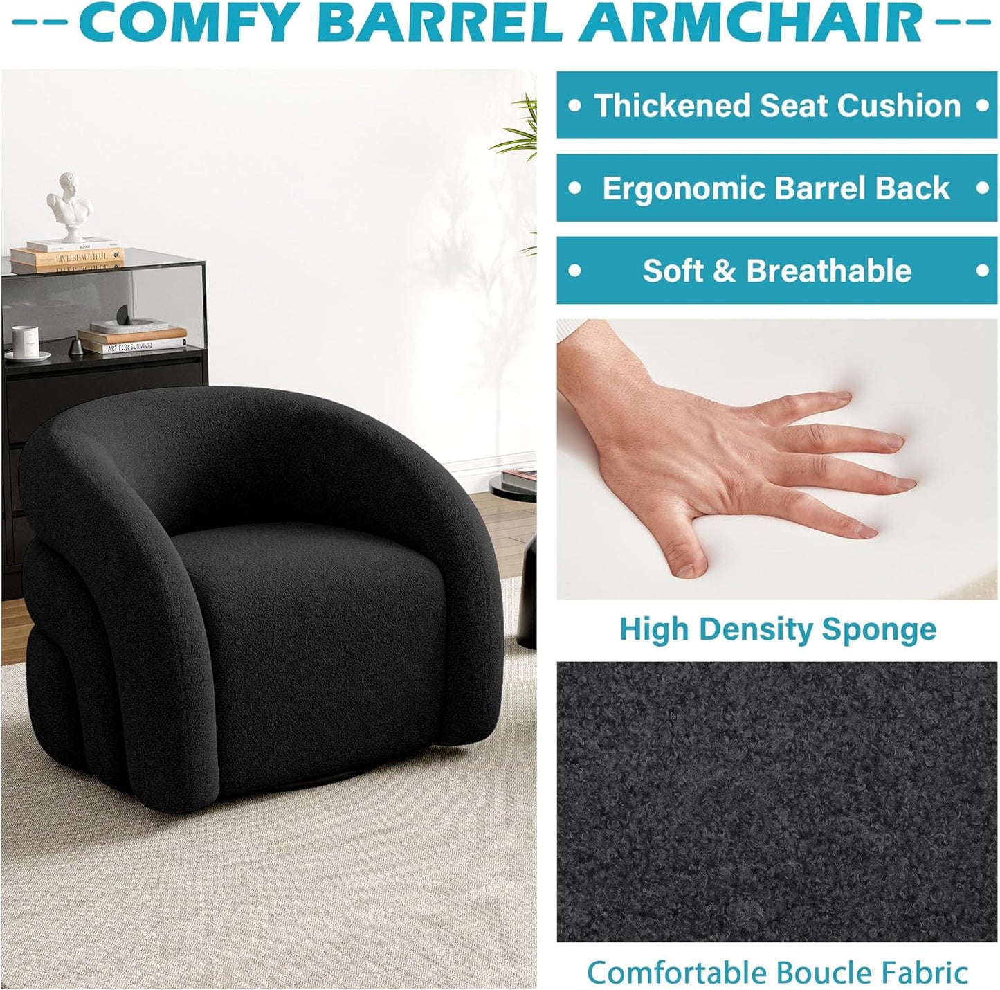 UIXE Swivel Barrel Accent Chair, Boucle Upholstered Arm Chair for Living Room, Modern Round Armchair Comfy Reading Sofa Seat with Solid Metal Base, Fully Assembled - Gray