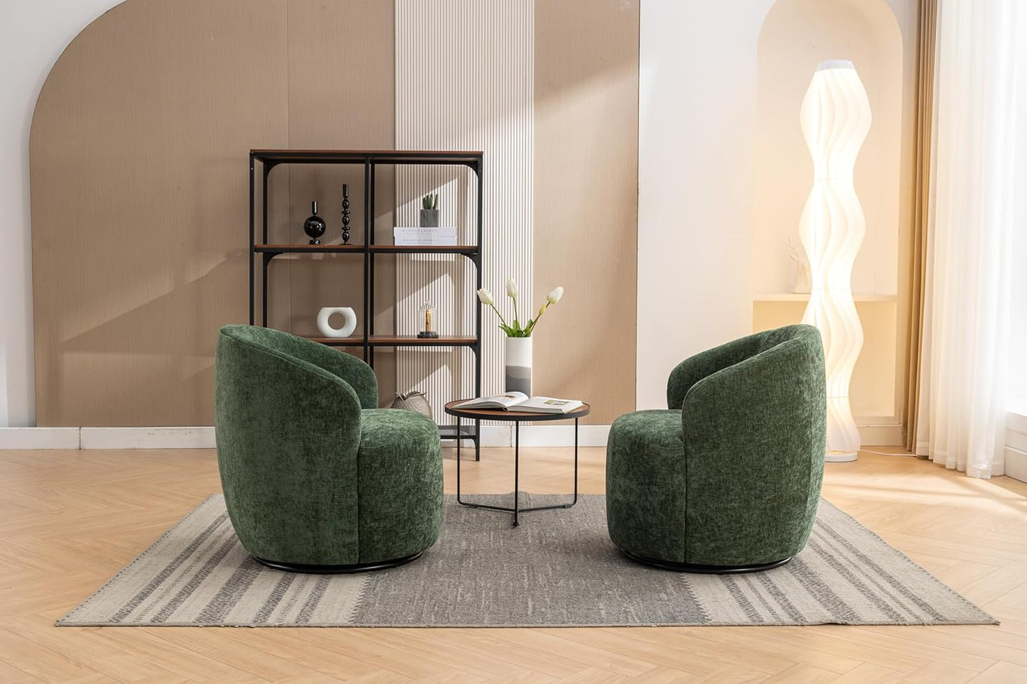 360 Degree Swivel Accent Chairs Living Room Chair, Chenille Fabric Lounge Chair Comfy Armchair Barrel Chair with Wide Upholstered for Bedroom, Reading Room, Office, Waiting Rooms, Green