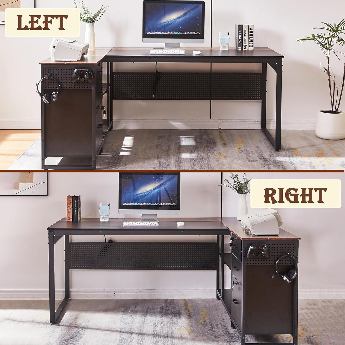 70 Inch Reversible L Shaped Desk with Power Outlet,Lockable Drawers,Adjustable File Cabinet & Storage Shelves,L Shaped Executive Desk with Pegboard,Large Corner Desk for Home Office